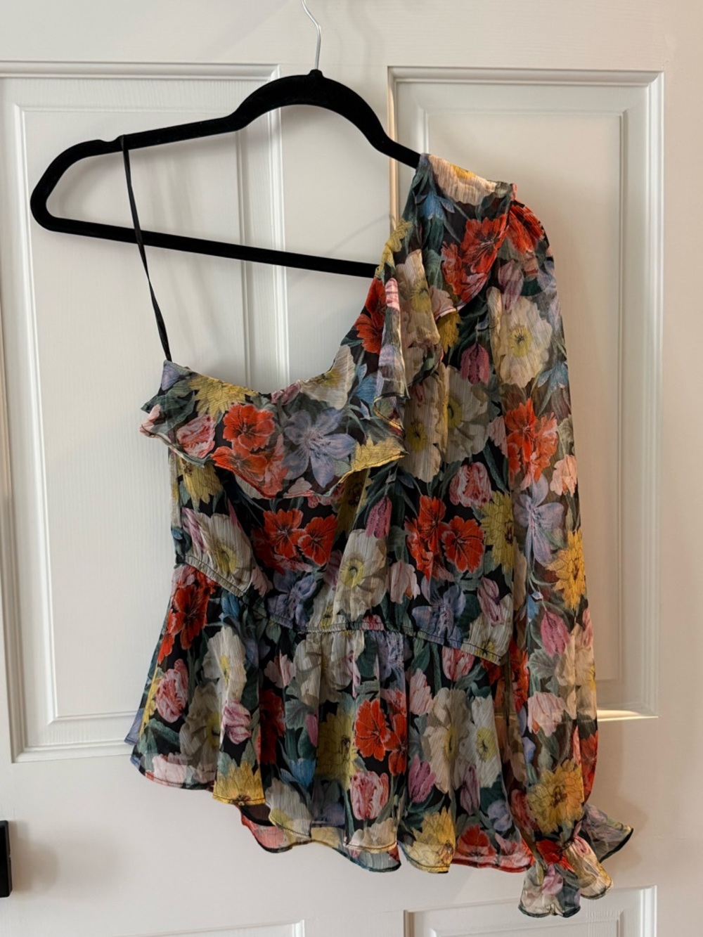 Aakaa One-Shoulder Floral Ruffle Peplum Top - Black Multicolor